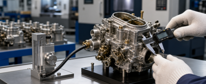 A carburetor undergoing dimensional and flow quality inspection in a modern factory