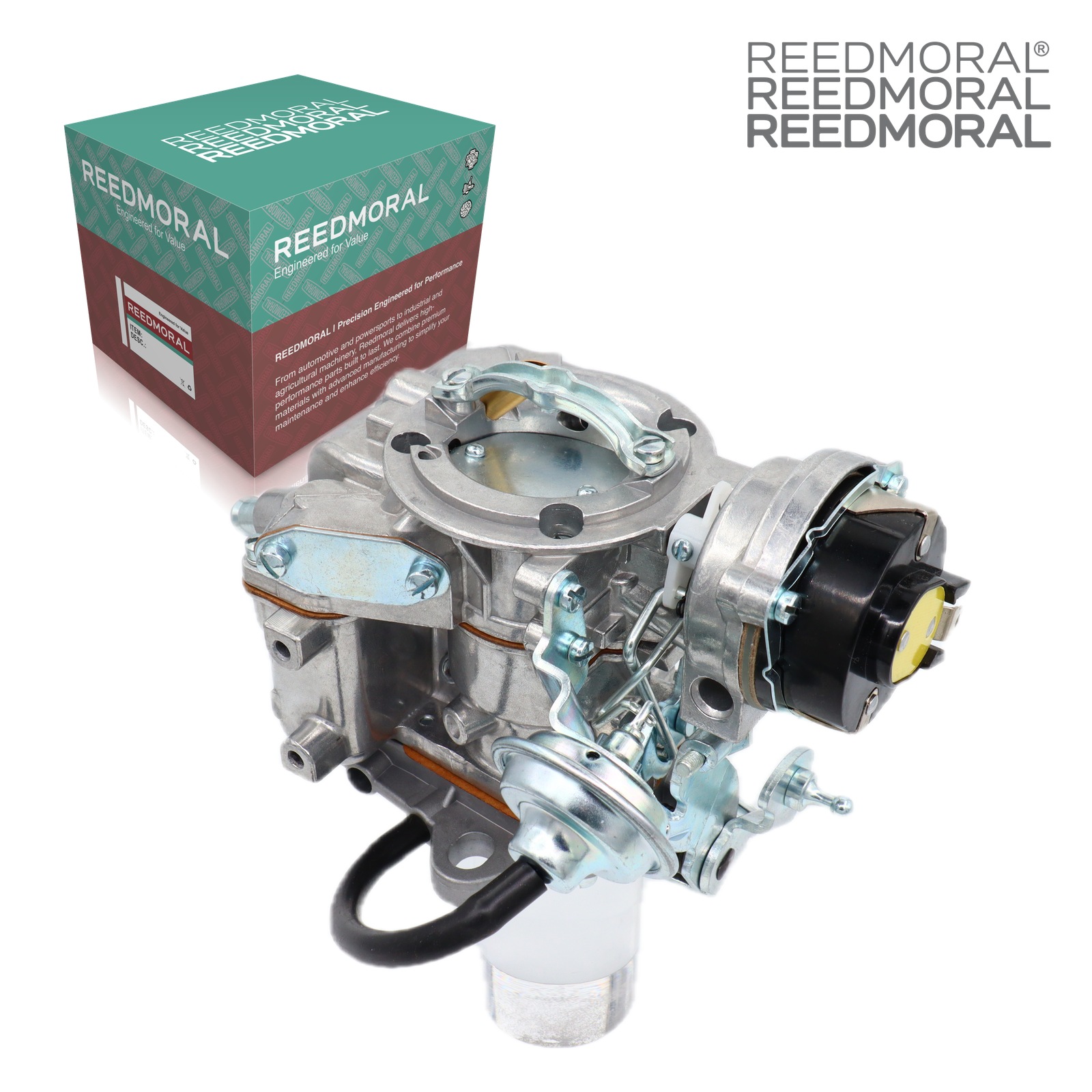 LDH152A CA-7051 Ford F-300 4.9L carburetor - linkage side product view with REEDMORAL box