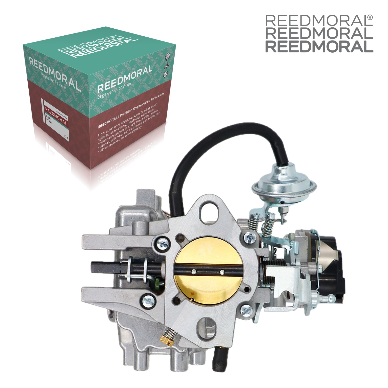 LDH152A CA-7051 Ford F-300 4.9L carburetor - rear angle product view with REEDMORAL box