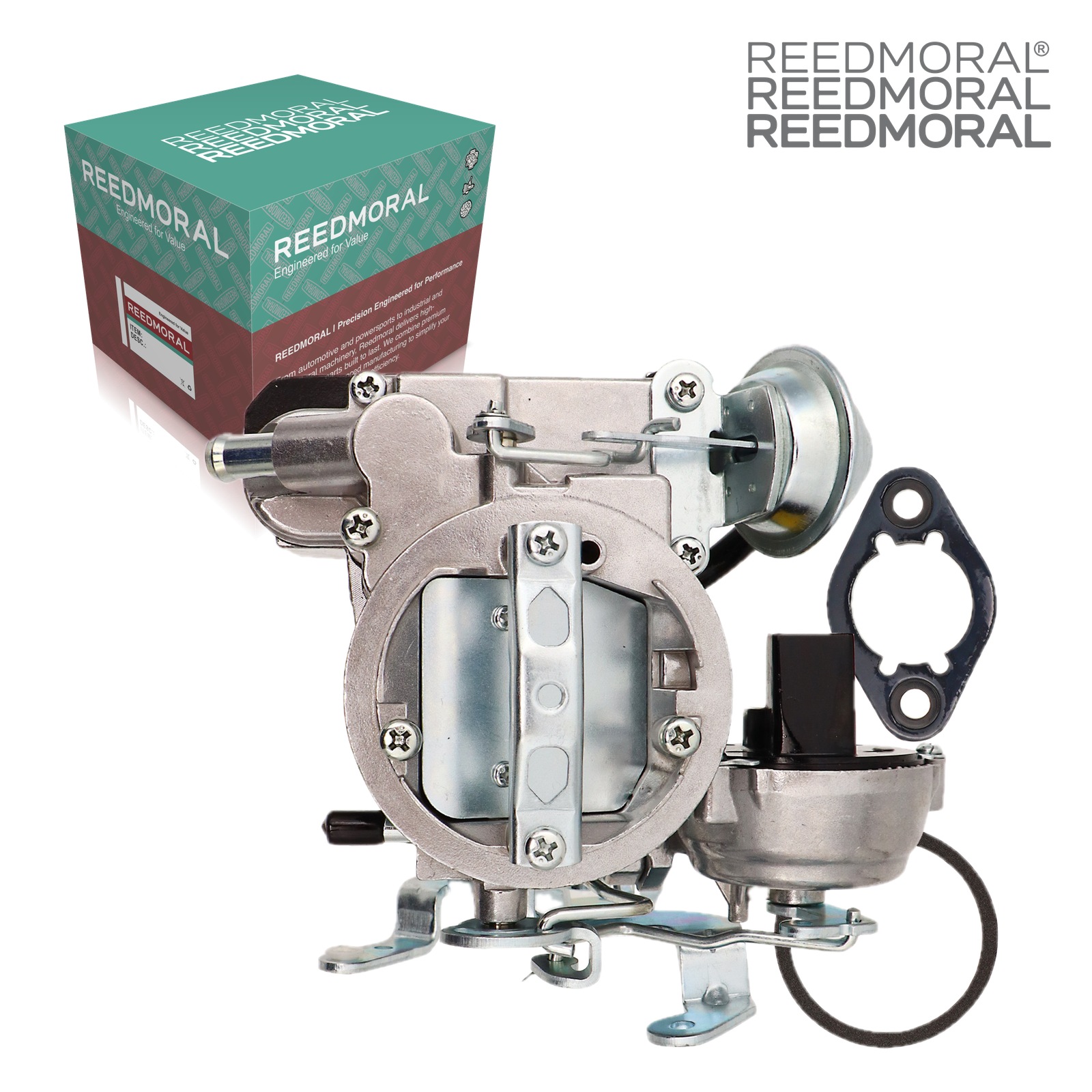 LDH156 Rochester 1MV 7043014 Chevy GMC carburetor - linkage side product view with REEDMORAL box
