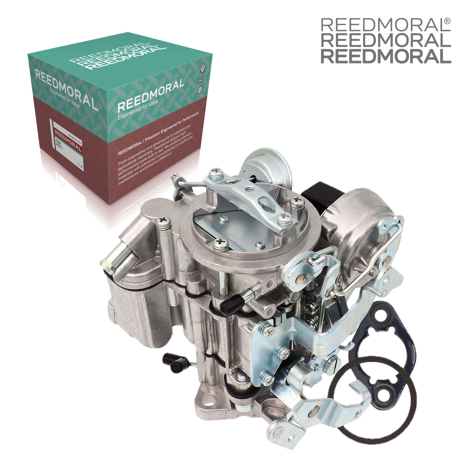 LDH156 Rochester 1MV 7043014 Chevy GMC carburetor - rear angle product view with REEDMORAL box