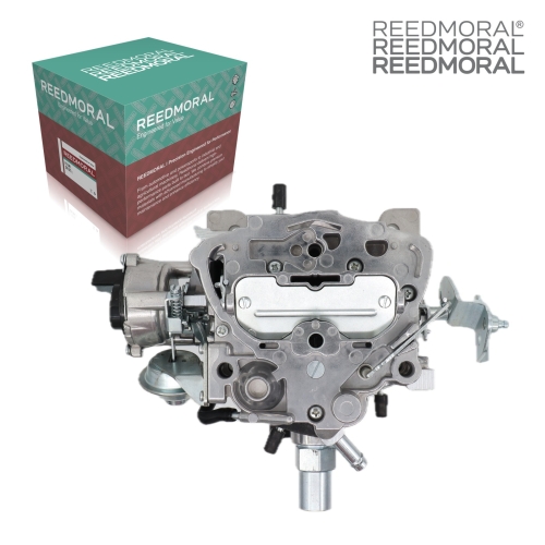 LDH264 Rochester 2-barrel 80-6268 GM carburetor - front angle product view with REEDMORAL box