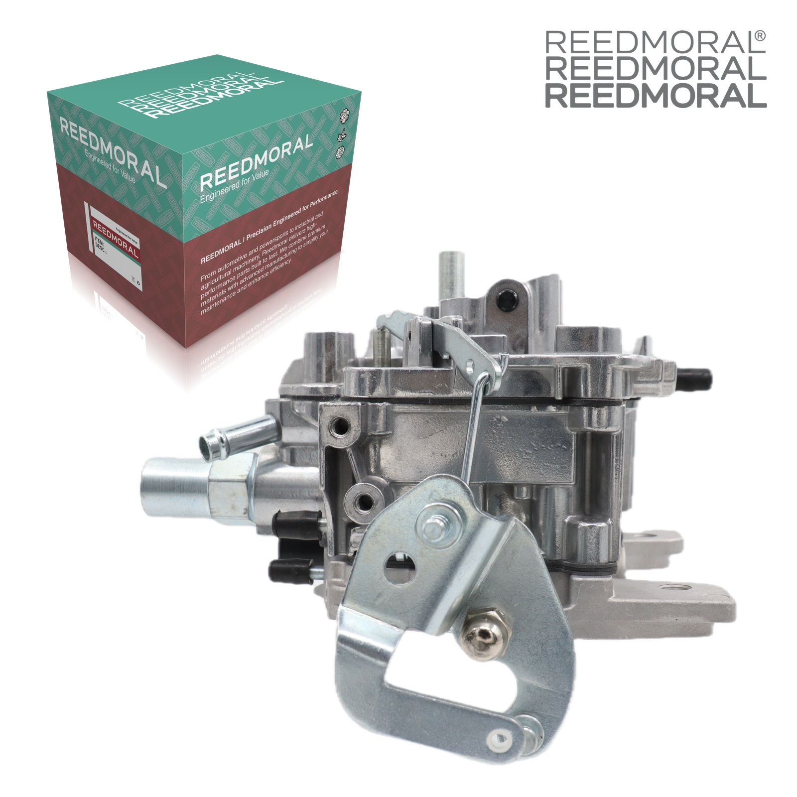 LDH264 Rochester 2-barrel 80-6268 GM carburetor - linkage side product view with REEDMORAL box