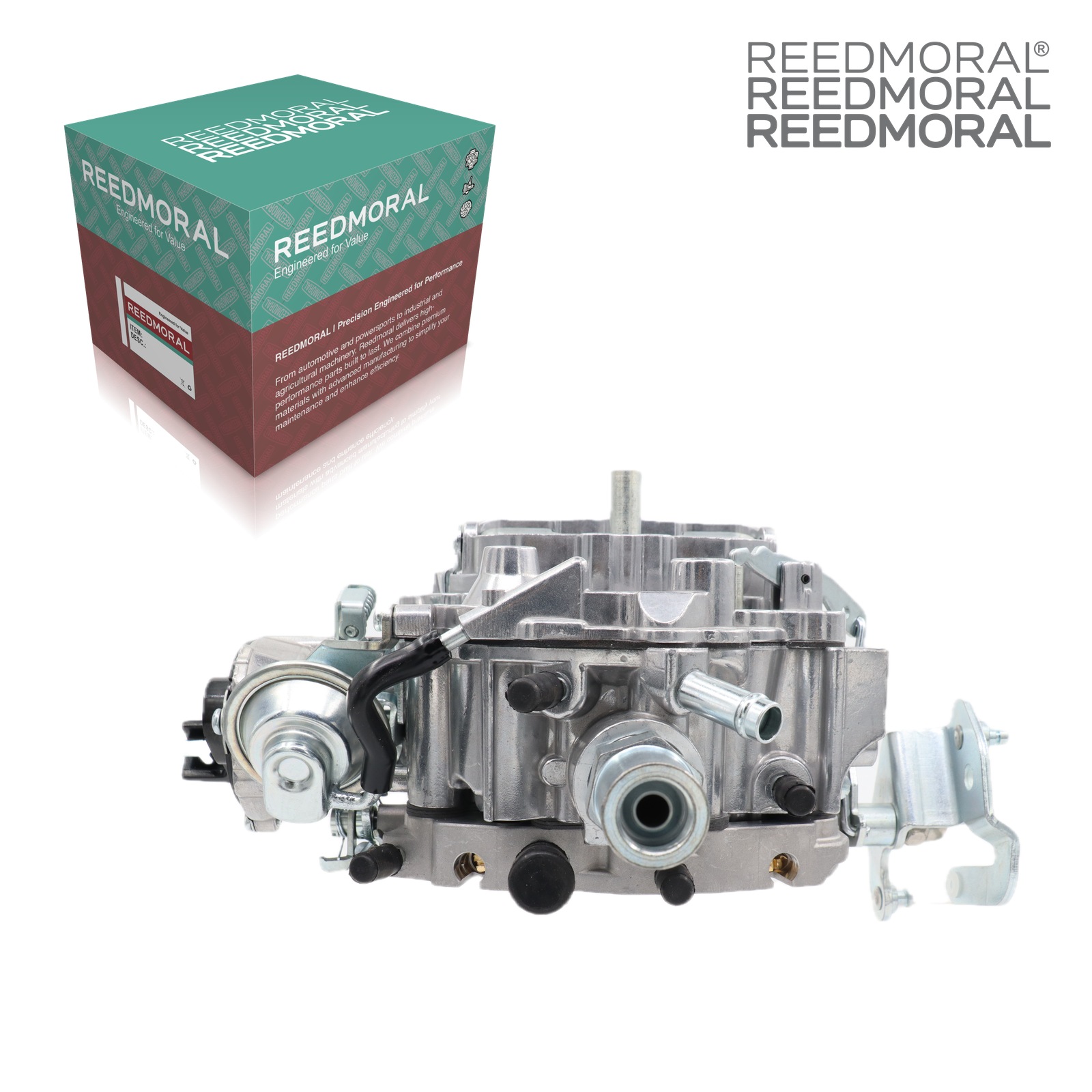 LDH264 Rochester 2-barrel 80-6268 GM carburetor - rear angle product view with REEDMORAL box