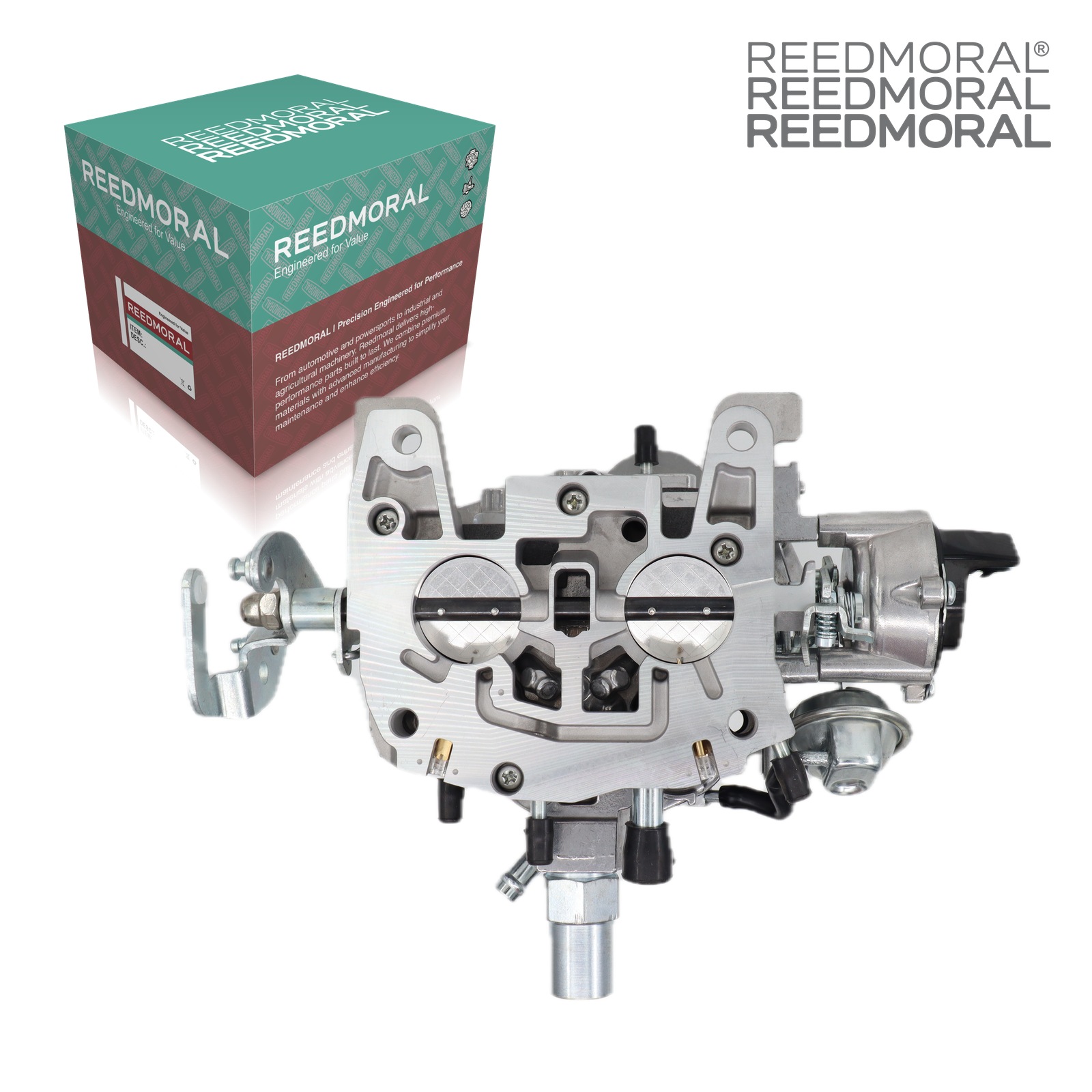 LDH264 Rochester 2-barrel 80-6268 GM carburetor - top product view with REEDMORAL box