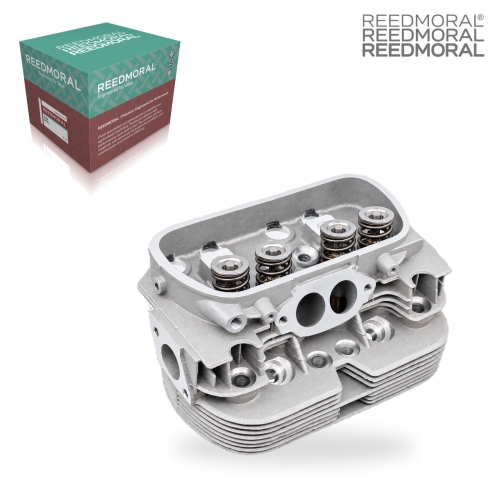 CH108 REEDMORAL complete dual-port cylinder head 043101355UC main three quarter intake view with REEDMORAL packaging
