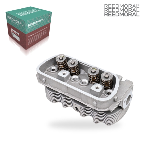 CH108 REEDMORAL complete dual-port cylinder head 043101355UC three quarter valve spring view with REEDMORAL packaging