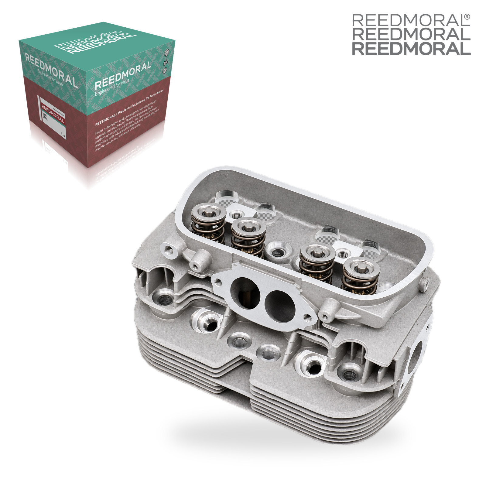 CH108 REEDMORAL complete dual-port cylinder head 043101355UC opposite three quarter view with REEDMORAL packaging