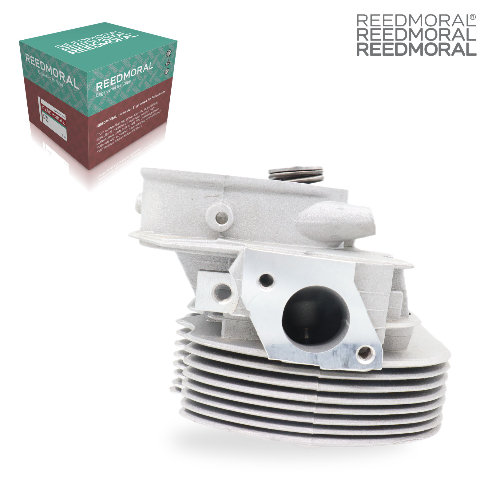 CH108 REEDMORAL complete dual-port cylinder head 043101355UC right side port view with REEDMORAL packaging