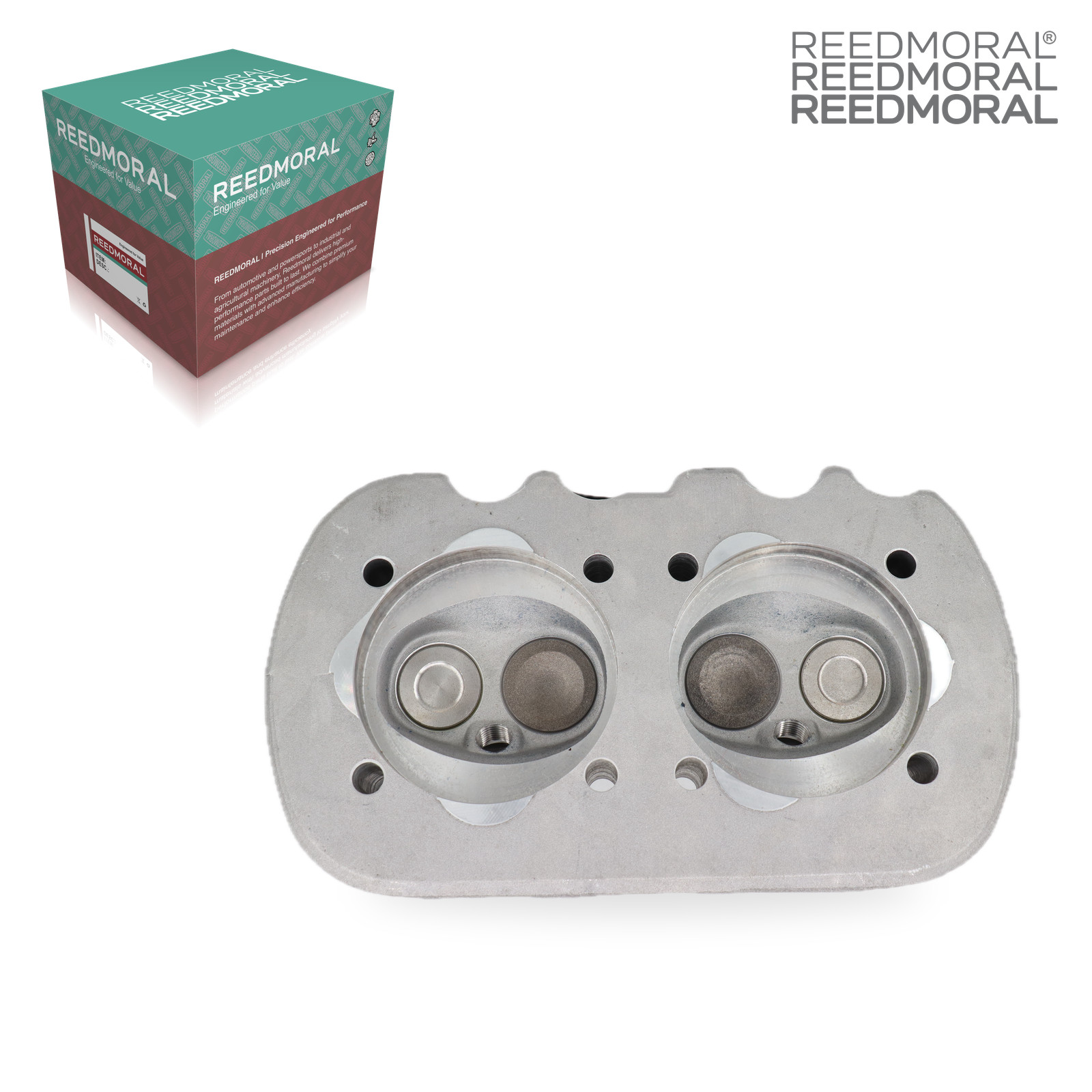 CH108 REEDMORAL complete dual-port cylinder head 043101355UC combustion chamber view with REEDMORAL packaging