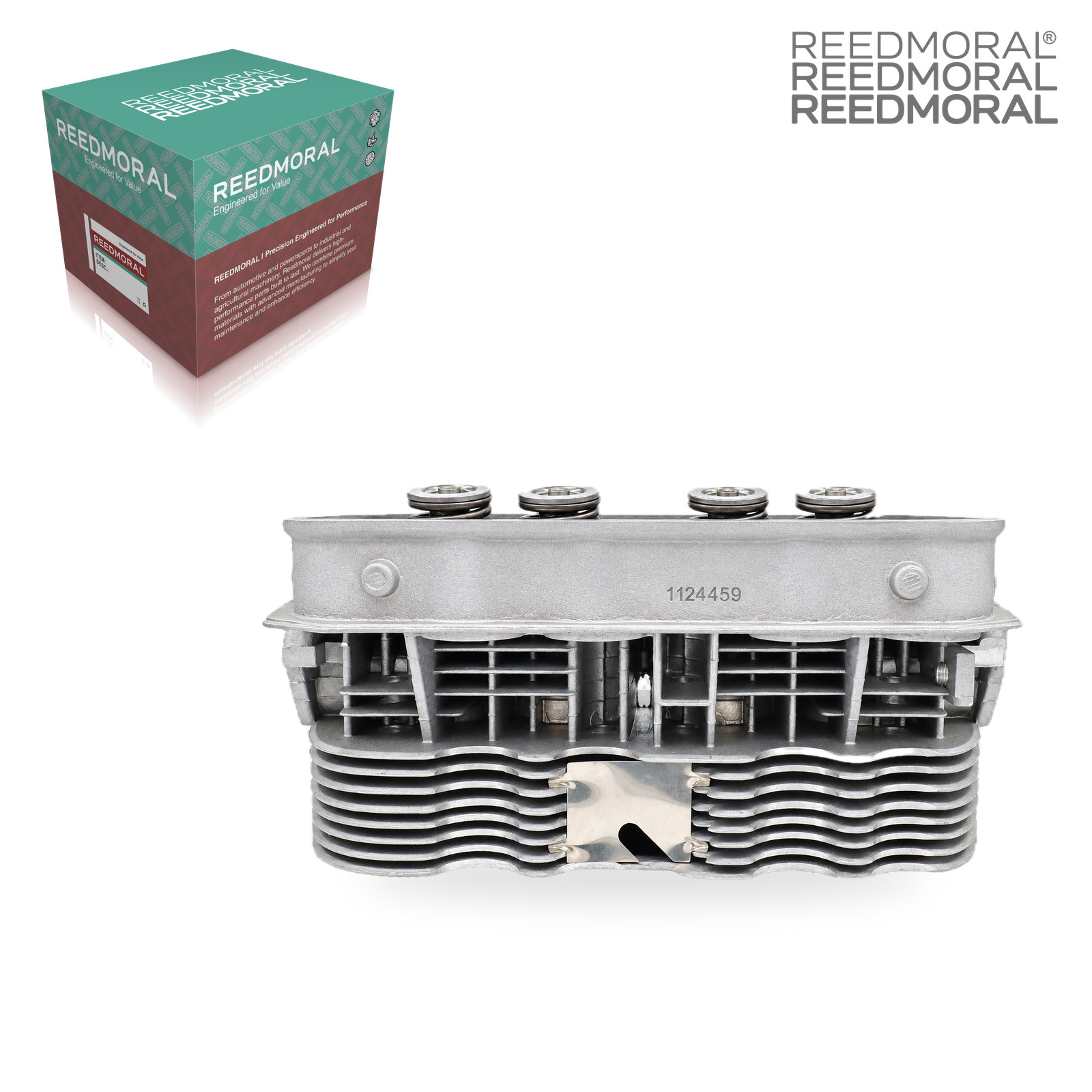 CH108 REEDMORAL complete dual-port cylinder head 043101355UC straight front cooling fin view with REEDMORAL packaging