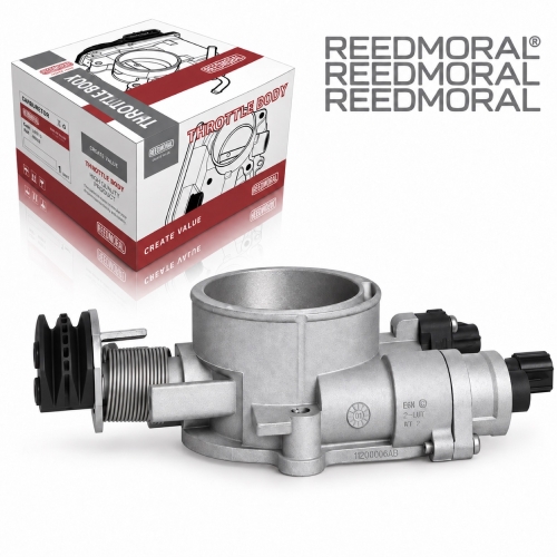 J1552 REEDMORAL 11200006AB Chrysler Dodge 3.3L mechanical throttle body casting-number side view with REEDMORAL packaging