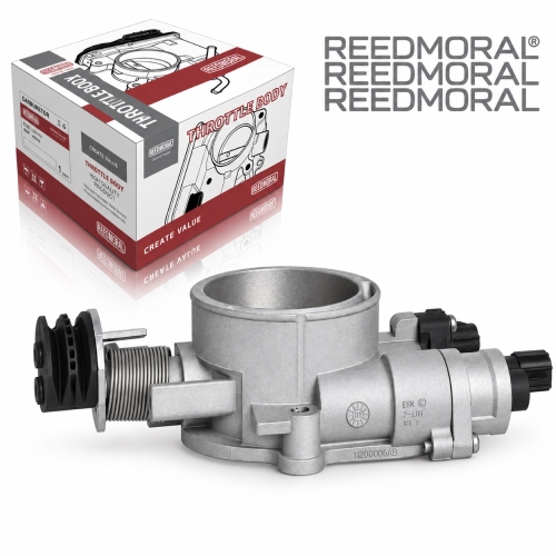 J1552 REEDMORAL 11200006AB Chrysler Dodge 3.3L mechanical throttle body three-quarter main view with REEDMORAL packaging